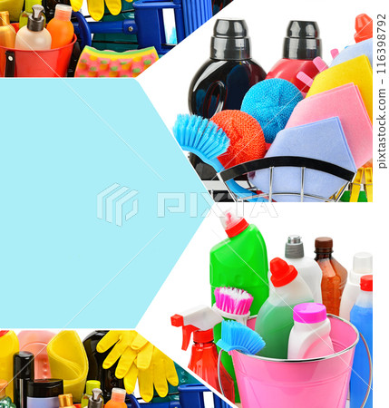 Cleaning and disinfectants isolated on white. Collage. Free space for text. 116398792