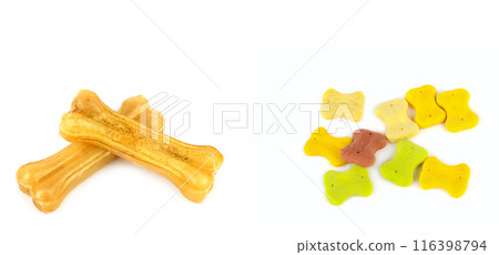 Dry food, dog biscuits and chewing bone isolated on white. There is free space for text. Collage. Wide photo. Dry food, dog biscuits and chewing bone isolated on white. There is free space for text. Collage. Wide photo. 116398794