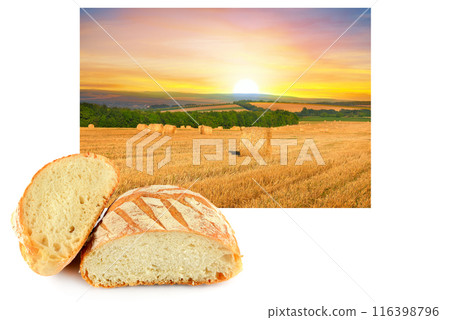 Fresh bread against the background of a wheat field. Collage. Fresh bread against the background of a wheat field. Collage. 116398796