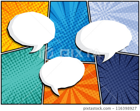 horizontal comic speech bubbles in white clouds on a vibrant pop art background 116398927