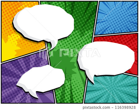 horizontal comic speech bubbles in white clouds on a vibrant pop art background horizontal comic speech bubbles in white clouds on a vibrant pop art background 116398928