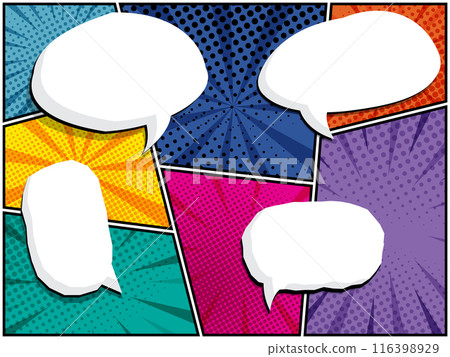 horizontal comic speech bubbles in white clouds on a vibrant pop art background 116398929