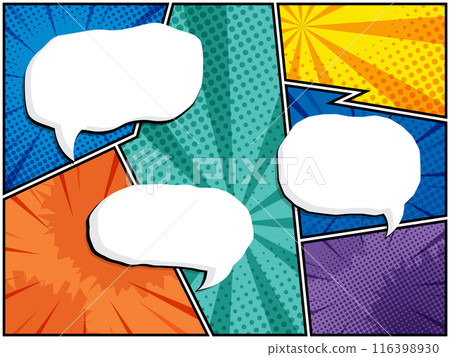 horizontal comic speech bubbles in white clouds on a vibrant pop art background horizontal comic speech bubbles in white clouds on a vibrant pop art background 116398930