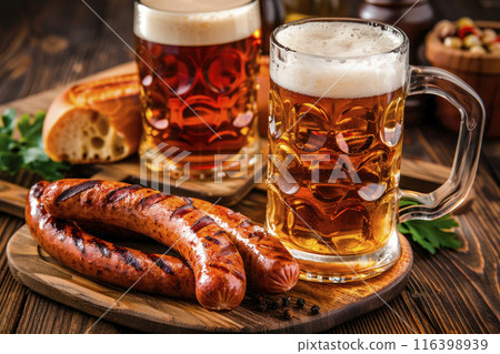 beer and sausages on wooden table. Traditional food of oktoberfest. Ai generative 116398939