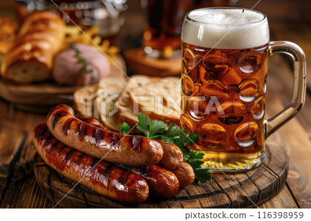 beer and sausages on wooden table. Traditional food of oktoberfest. Ai generative 116398959