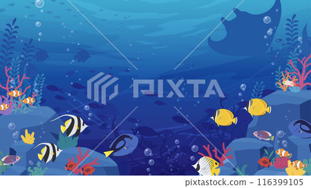 Background illustration of tropical fish swimming on the ocean floor with rocks and coral_16:9 116399105