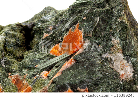 Macro stone mineral Diopside Calcite Magnetite on a white background Macro stone mineral Diopside Calcite Magnetite on a white background 116399245