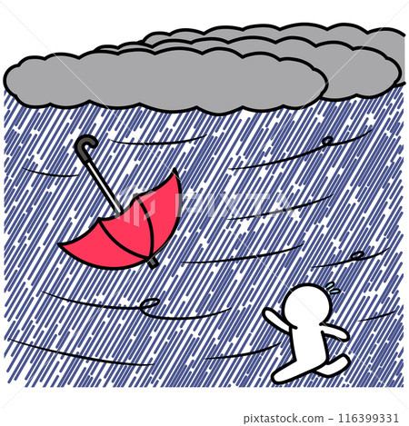 Illustration of a person chasing an umbrella blown away by the wind 116399331