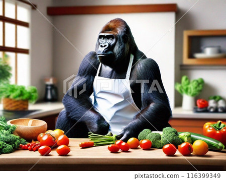 大猩猩在廚房裡煮蔬菜 116399349