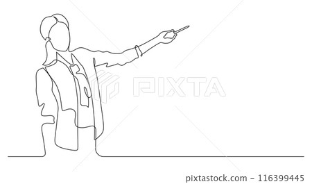 continuous line drawing of woman presenting or teaching 116399445