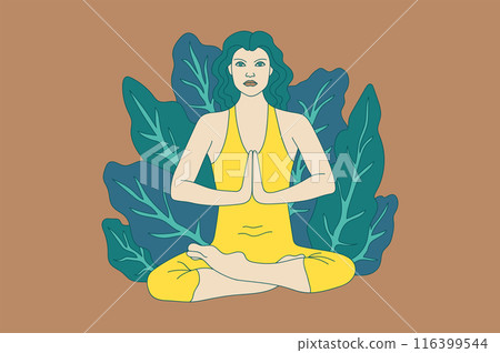 Multicolored illustration of a girl doing yoga and exercising while sitting in the lotus position. Flat design vector concept. The concept of meditation, benefits for the health of the body and mind. 116399544