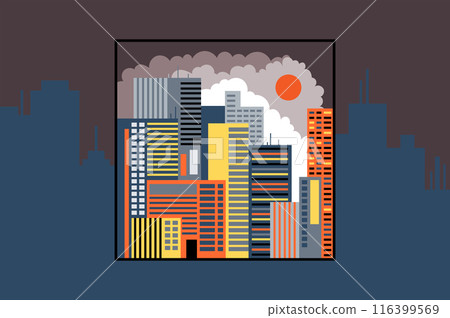 Colorful cartoon modern city dayscape in flat style. Vector illustration of city buildings and skyscrapers in a frame for design and printing of postcards, booklets, brochures, business cards, etc. Colorful cartoon modern city dayscape in flat style. Vector illustration of city buildings and skyscrapers in a frame for design and printing of postcards, booklets, brochures, business cards, etc. 116399569