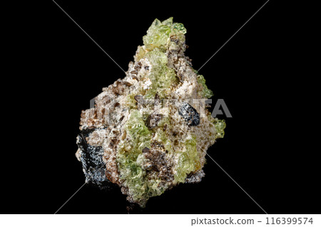 Macro stone Hyalite mineral, tourmaline Sherl, smoky quartz on a black background 116399574