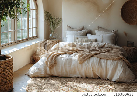 Cozy beige bedroom with a white bed, pillows, potted plant near window 116399635