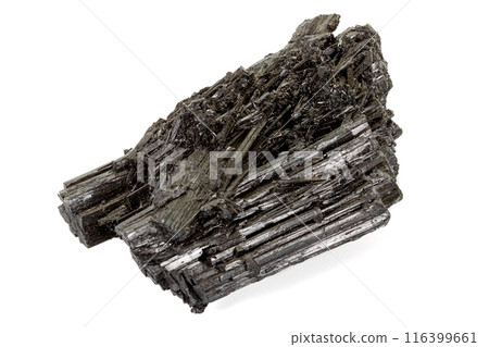Macro stone black mineral tourmaline Scherl on white background 116399661