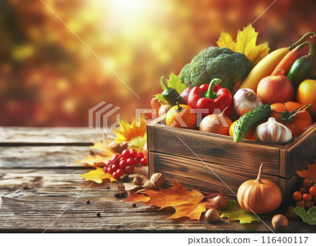 Wooden box with autumn vegetables on a wooden background, rustic style. Harvest concept 116400117