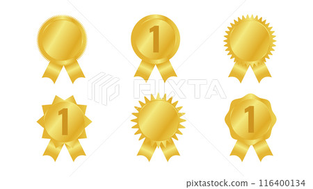 Award medal ribbon crown rank design elements. Set different golden shapes. Medals with a gold ribbon. For presentations of projects and website advertising. Vector illustration. 116400134