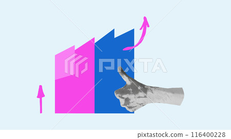 Halftone Collage business paper vintage cut paper. Carelessly pasted objects. Growth on chart hand thumbs up. Design banner poster advertising materials. Vector illustration. 116400228