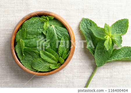 Fresh peppermint leaves in wooden bowl on linen fabric. Hybrid species of mint, a cross between watermint and spearmint. Plant source of menthol, used as tea, to flavor food and in cosmetic products. 116400404