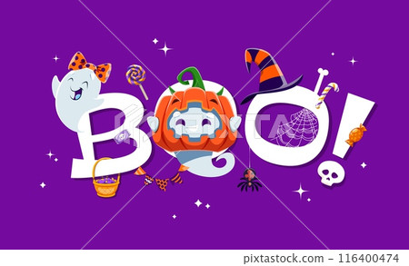 Halloween boo banner with funny cute kawaii ghosts. Delightfully spooky vector background, features adorable baby spooks wearing festive costumes, striped witch hat and charmingly eerie festive sweets 116400474