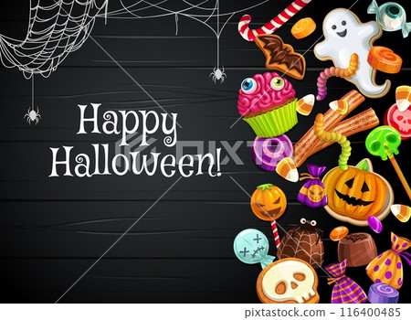 Cartoon Halloween holiday sweets and candies on black wooden board. Vector banner or greeting card with bewitching display of delectable treats. Creepy cookies, pastries, ghoulish delights and cobweb Cartoon Halloween holiday sweets and candies on black wooden board. Vector banner or greeting card with bewitching display of delectable treats. Creepy cookies, pastries, ghoulish delights and cobweb 116400485