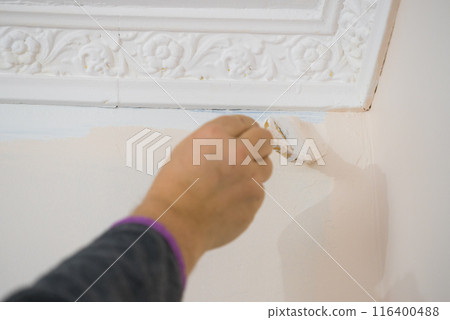 Person applying paint on wall 116400488