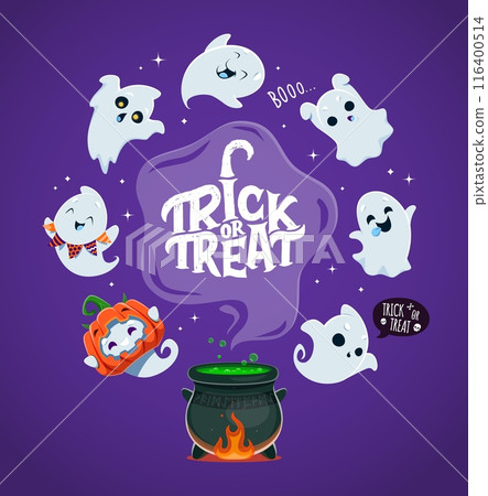 Halloween witch cauldron with flying kawaii ghosts for trick or treat holiday, vector banner. Halloween horror night party background with cute spooky boo and ghoul ghosts in pumpkin costume Halloween witch cauldron with flying kawaii ghosts for trick or treat holiday, vector banner. Halloween horror night party background with cute spooky boo and ghoul ghosts in pumpkin costume 116400514