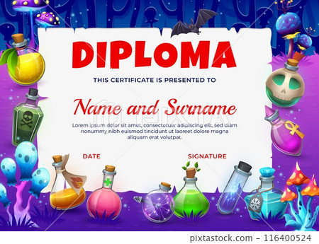 Witch diploma with Halloween magic potion bottles in fairytale forest, vector certificate. Education diploma or graduation award with cartoon witch poison in glass bottles or spell elixir in vials 116400524