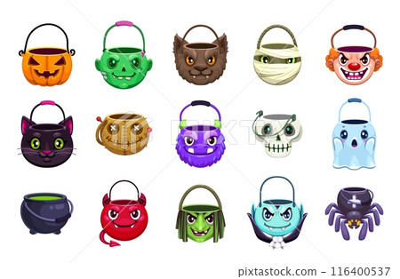 Halloween sweets bucket, bags and baskets for trick or treat candies isolated vector set. Zombie, vampire, pumpkin, ghost, devil, pot and black cat with skull or witch, mummy, clown or werewolf faces 116400537