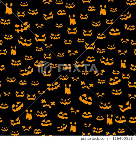 Halloween scary pumpkin face seamless pattern. Halloween party wallpaper pattern, fabric or textile autumn season vector seamless print with pumpkin Jack o Lantern creepy faces glowing in darkness 116400538