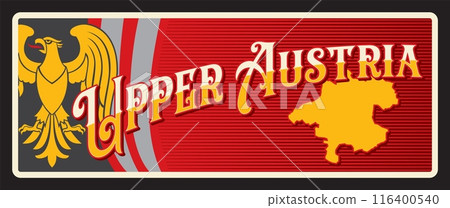 Upper Austria land, Austrian region tin plate or sticker, vector tin sign. Federal land metal plaque with landmark and region map national emblem of Austria land, luggage tag with eagle coat of arms 116400540