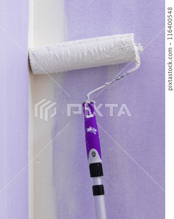 Person applying paint on wall 116400548