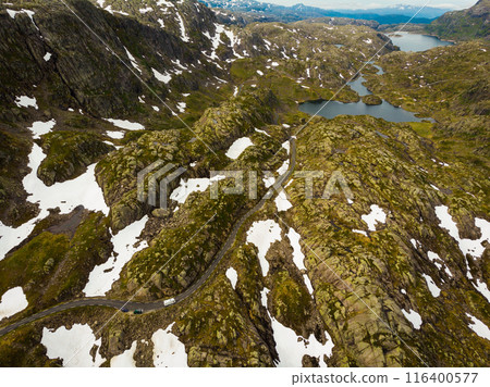Aerial view. Road and lakes in mountains Norway Aerial view. Road and lakes in mountains Norway 116400577