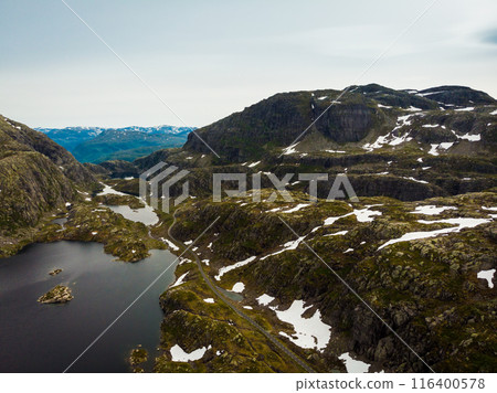 Aerial view. Road and lakes in mountains Norway Aerial view. Road and lakes in mountains Norway 116400578