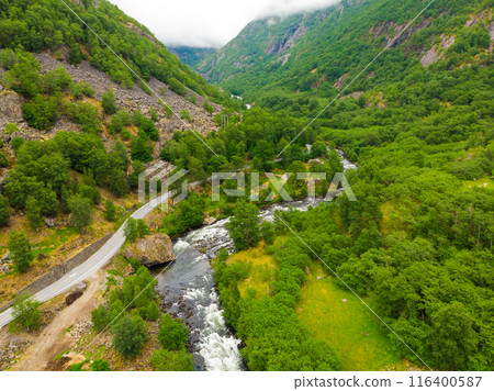 Road and river in green mountains, Norway 116400587