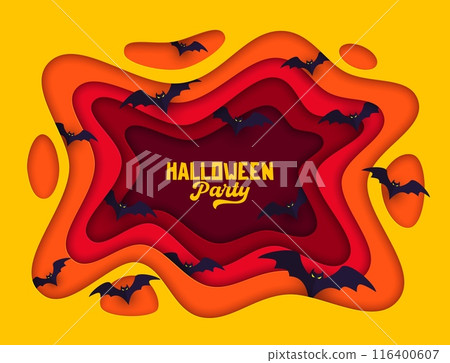 Halloween paper cut waves with flock of bats. Fall season horror holiday, Happy Halloween celebration party papercut vector background or banner with flying scary bats monsters silhouettes 116400607