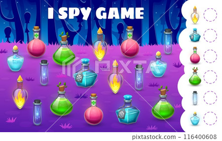 Halloween kids i spy game with witch magic potion bottles. Vector riddle worksheet with cartoon colorful brews in glass flasks. Count how many children test, education task for baby mind development 116400608