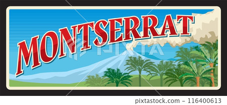 Montserrat British overseas territory in Caribbean. Vector travel plate, vintage tin sign, retro postcard design. Soufriere Hills volcano landscape, old tourist plaque or souvenir card Montserrat British overseas territory in Caribbean. Vector travel plate, vintage tin sign, retro postcard design. Soufriere Hills volcano landscape, old tourist plaque or souvenir card 116400613