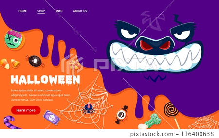 Halloween landing page or holiday website template with monsters, vector background. Halloween horror night and trick or treat candy sweets, skull and spider in spiderweb for landing page layout Halloween landing page or holiday website template with monsters, vector background. Halloween horror night and trick or treat candy sweets, skull and spider in spiderweb for landing page layout 116400638
