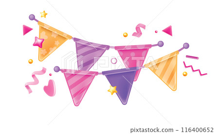 3D holiday flag icon, vector carnival garland decoration happy birthday party string, paper confetti 116400652