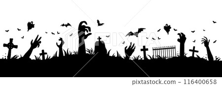 Zombie hands silhouettes on scary cemetery landscape. Autumn horror season, Halloween creepy vector background with zombie or living dead hands silhouettes sticking from underground on cemetery 116400658
