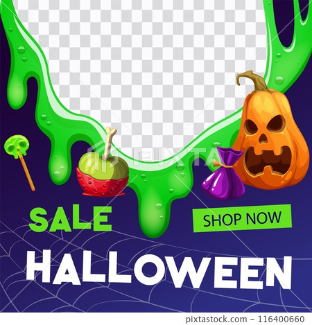 Halloween sale and offer banner, green slime frame. Halloween holiday shopping sale special offer advertising vector poster with pumpkin face, creepy dessert treats, spider cobweb and dripping slime 116400660