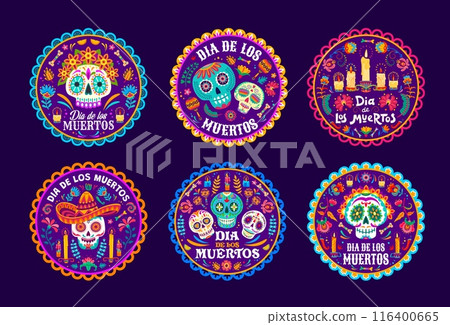 Day of the Dead labels with vector mexican Halloween sugar skulls and marigold flowers, sombrero hats, candles and maracas. Dia de los Muertos death carnival Catrina Calavera skeletons round tags 116400665