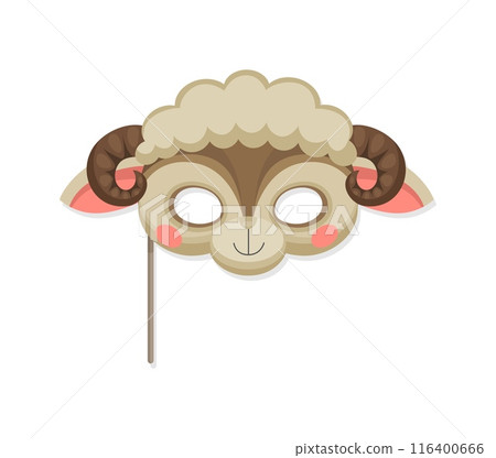 Sheep animal carnival party mask. Festival or birthday costume features soft, curly fur, eye holes, and spiral horns. Vector lamb mask for kids farm-themed parties, theatrical plays, photo booth shoot Sheep animal carnival party mask. Festival or birthday costume features soft, curly fur, eye holes, and spiral horns. Vector lamb mask for kids farm-themed parties, theatrical plays, photo booth shoot 116400666