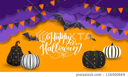 Halloween paper cut clouds, holiday pennant and pumpkins with pattern, vector horror night holiday. Cartoon bats, cobweb, pumpkins and black orange flags with 3d layered borders of papercut clouds 116400669