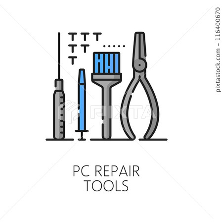 PC repair software tools thin color icon or symbol. Web network hardware testing, computer system software product support outline vector symbol with pliers, brush, screwdriver and thermal paste 116400670
