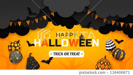 Halloween paper cut banner with black clouds, patterned pumpkins and pennant garland, cartoon vector. Happy Halloween holiday greeting and trick or treat party banner with paper cut pumpkins and bats 116400671
