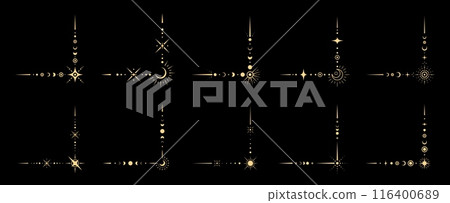 Magic border corners and golden shine frames for astrology and Tarot, vector elements. Esoteric magic corners of sacred geometry symbols with gold star sparkles and celestial mystic occult ornaments Magic border corners and golden shine frames for astrology and Tarot, vector elements. Esoteric magic corners of sacred geometry symbols with gold star sparkles and celestial mystic occult ornaments 116400689