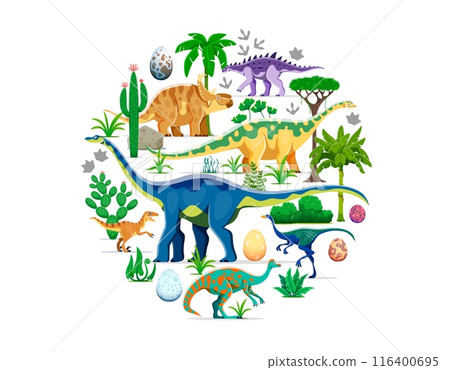 Prehistoric dinosaurs banner with cartoon vector dino characters in round isolated shape amidst a lush jurassic era landscape with palm trees, ferns, eggs, footprints, cacti plants and volcanic rocks 116400695