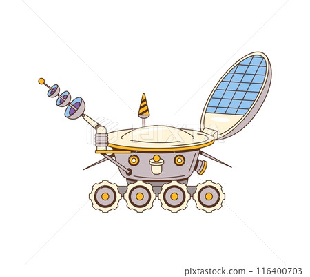 Retro groovy lunar rover space character. Isolated vector futuristic transport explores alien planet surface, its round body adorned with solar panel, wheels and antennas. Vintage, groove style rover 116400703